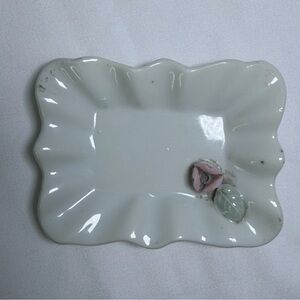 Vintage Japan Porcelain Trinket Dish Pink 3D Rose Ruffled Edge Collectible Decor